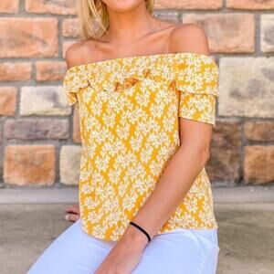 💐Spring Sale💐 New LOFT Floral Crinkle Yellow Off Shoulder Ruffle Blouse M